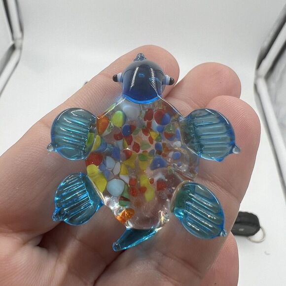 MINIATURE Art GLASS Blue Turtle FIGURINE Multicolor Tiny Collectible - Picture 5 of 7